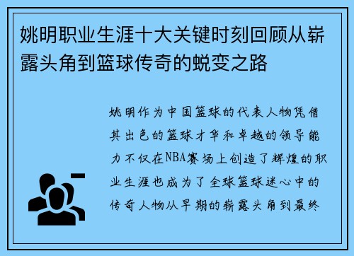 姚明职业生涯十大关键时刻回顾从崭露头角到篮球传奇的蜕变之路